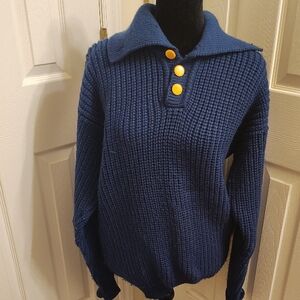 Elegant Blue Turtleneck Sweater with Yellow Buttons